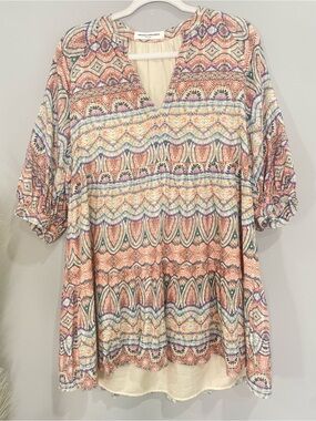 Amanda Uprichard Coral/Cream Geometric Peasant Tunic Boho Cotton Dress